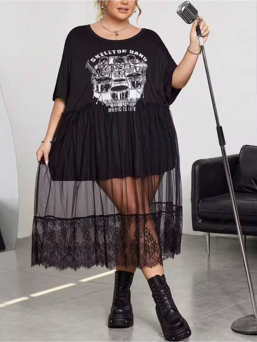 Skull Print T-Shirt with Solid Mesh Dress Skirt Attached